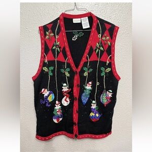 Vintage Christmas Sweater Vest With Embroidered Elves & Ornaments plus size